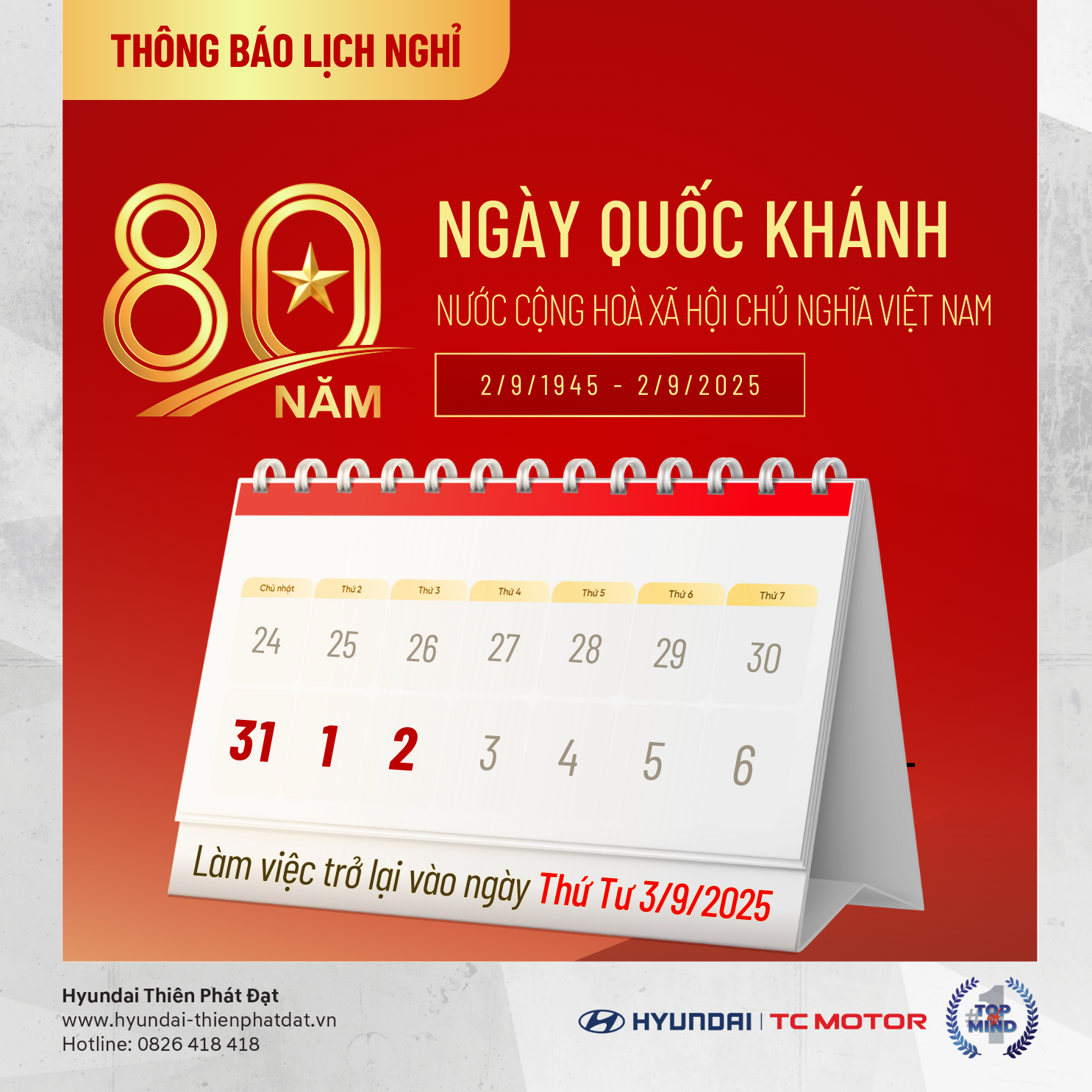THÔNG BÁO NGHỈ LỄ QUỐC KHÁNH 02/09/2025 tại HYUNDAI THIÊN PHÁT ĐẠT