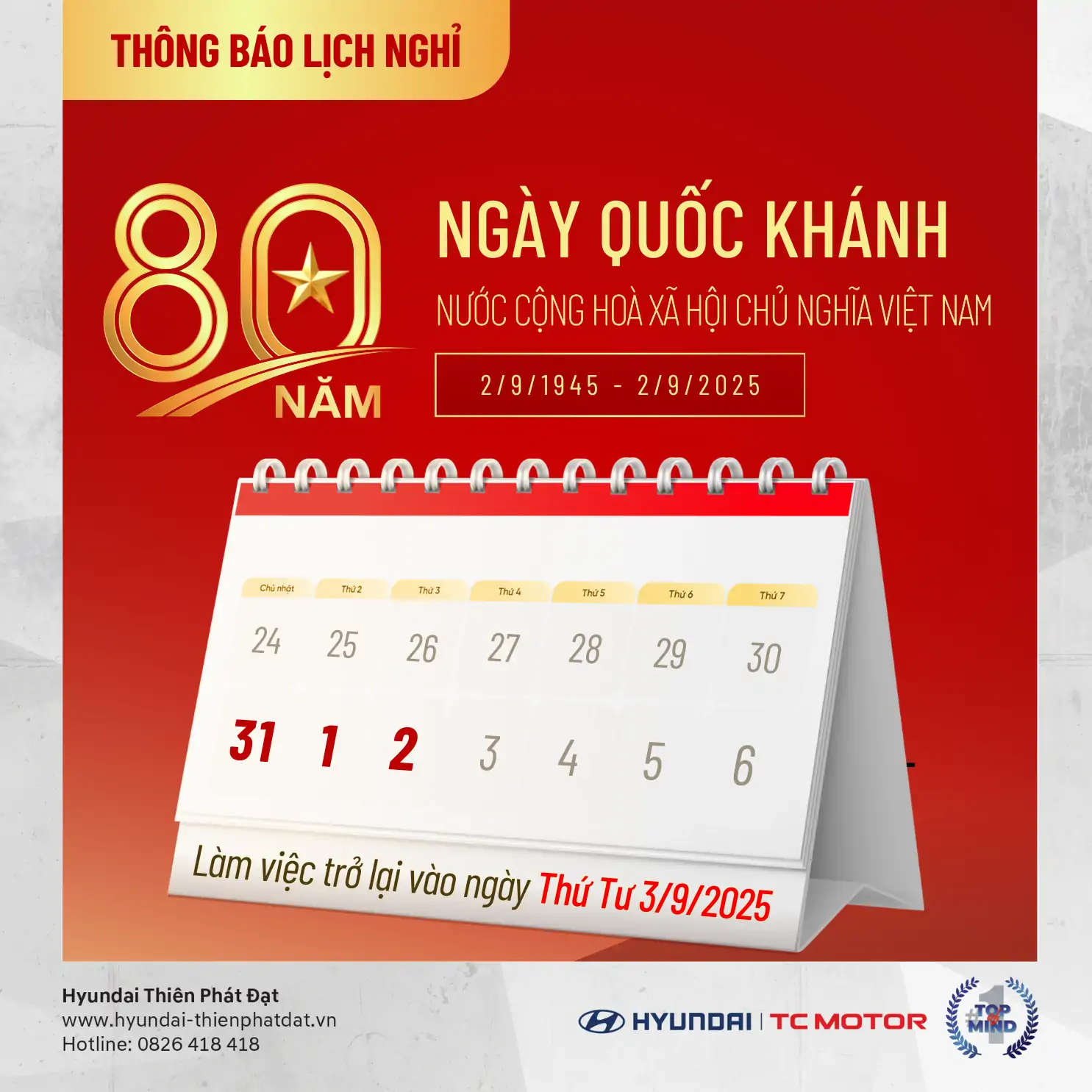 THÔNG BÁO NGHỈ LỄ QUỐC KHÁNH 02/09/2025 tại HYUNDAI THIÊN PHÁT ĐẠT
